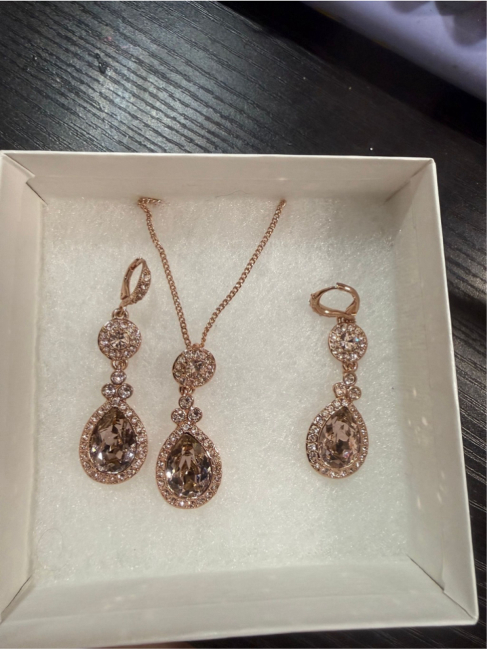Givenchy Rose Gold Crystal Teardrop Necklace Earrings Set Smoky Crystal | Full S